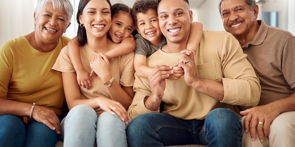 family gathered on couch.